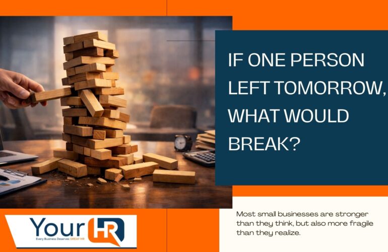 Jenga tower collapsing on office desk illustrating organizational fragility - YourHR graphic asking "If one person left tomorrow, what would break?"